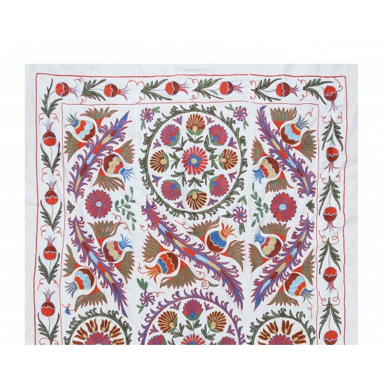 Silk Hand Embroidered Suzani Bed Cover, New Traditional Wall Hanging from Uzbekistan