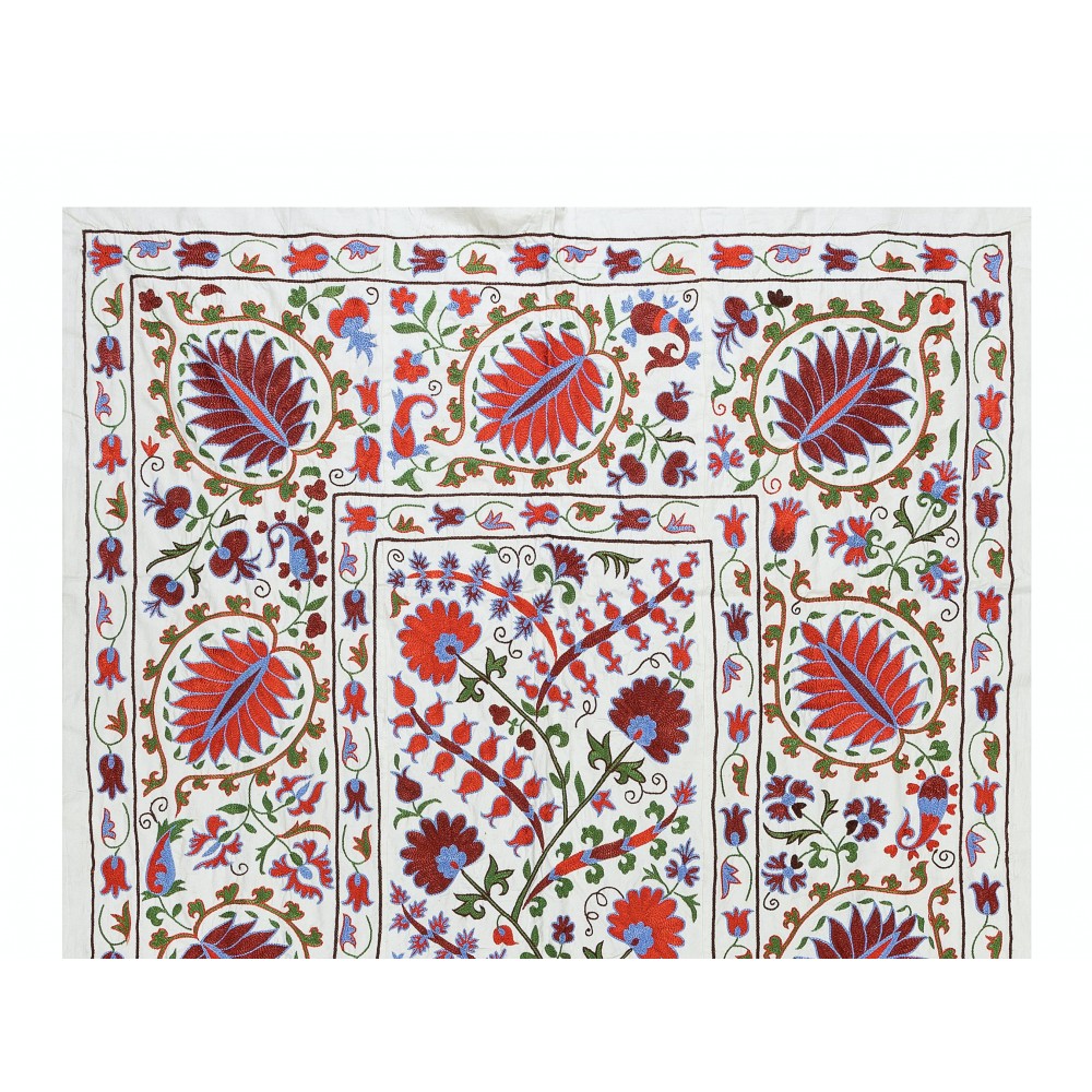 Silk Hand Embroidered Suzani Bed Cover, New Traditional Wall Hanging from Uzbekistan