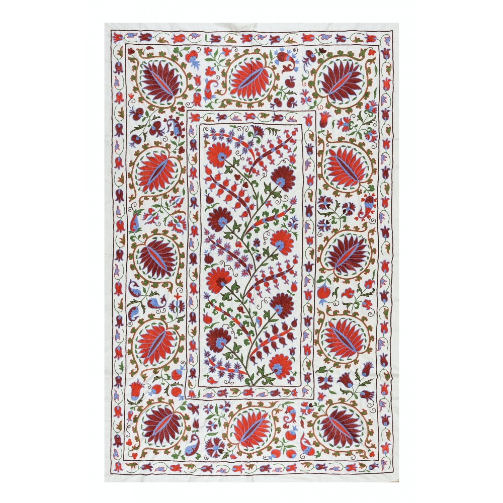 Silk Hand Embroidered Suzani Bed Cover, New Traditional Wall Hanging from Uzbekistan