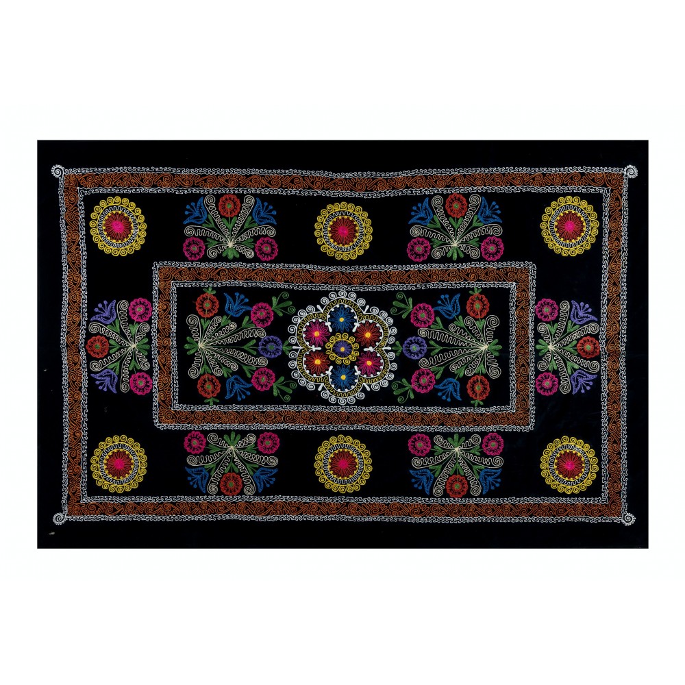 Vintage Silk Hand Embroidery Bed Cover, Central Asian Suzani Wall Hanging