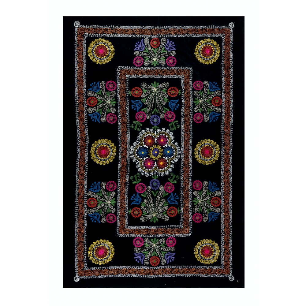 Vintage Silk Hand Embroidery Bed Cover, Central Asian Suzani Wall Hanging