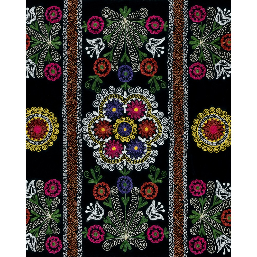 Vintage Silk Hand Embroidery Bed Cover, Central Asian Suzani Wall Hanging