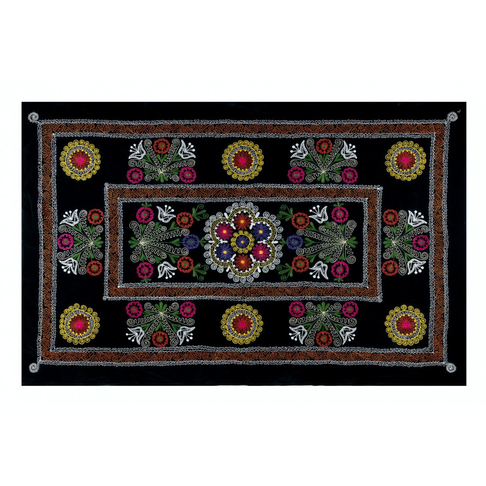 Vintage Silk Hand Embroidery Bed Cover, Central Asian Suzani Wall Hanging