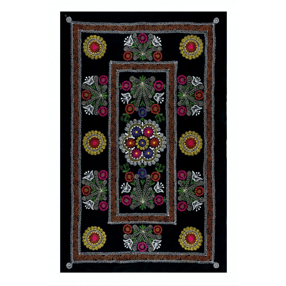 Vintage Silk Hand Embroidery Bed Cover, Central Asian Suzani Wall Hanging