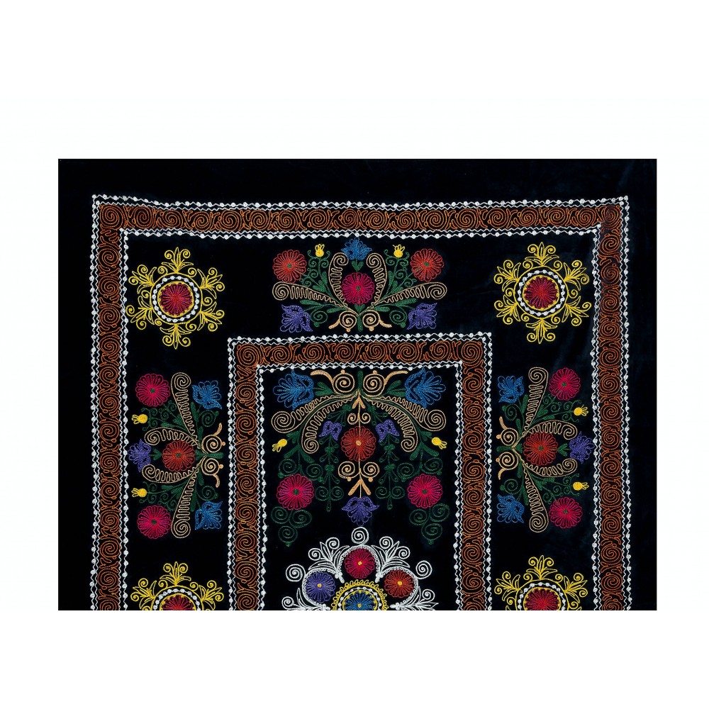 Vintage Uzbek Hand Embroidered Bed or Table Cover, Decorative Silk & Cotton Wall Hanging