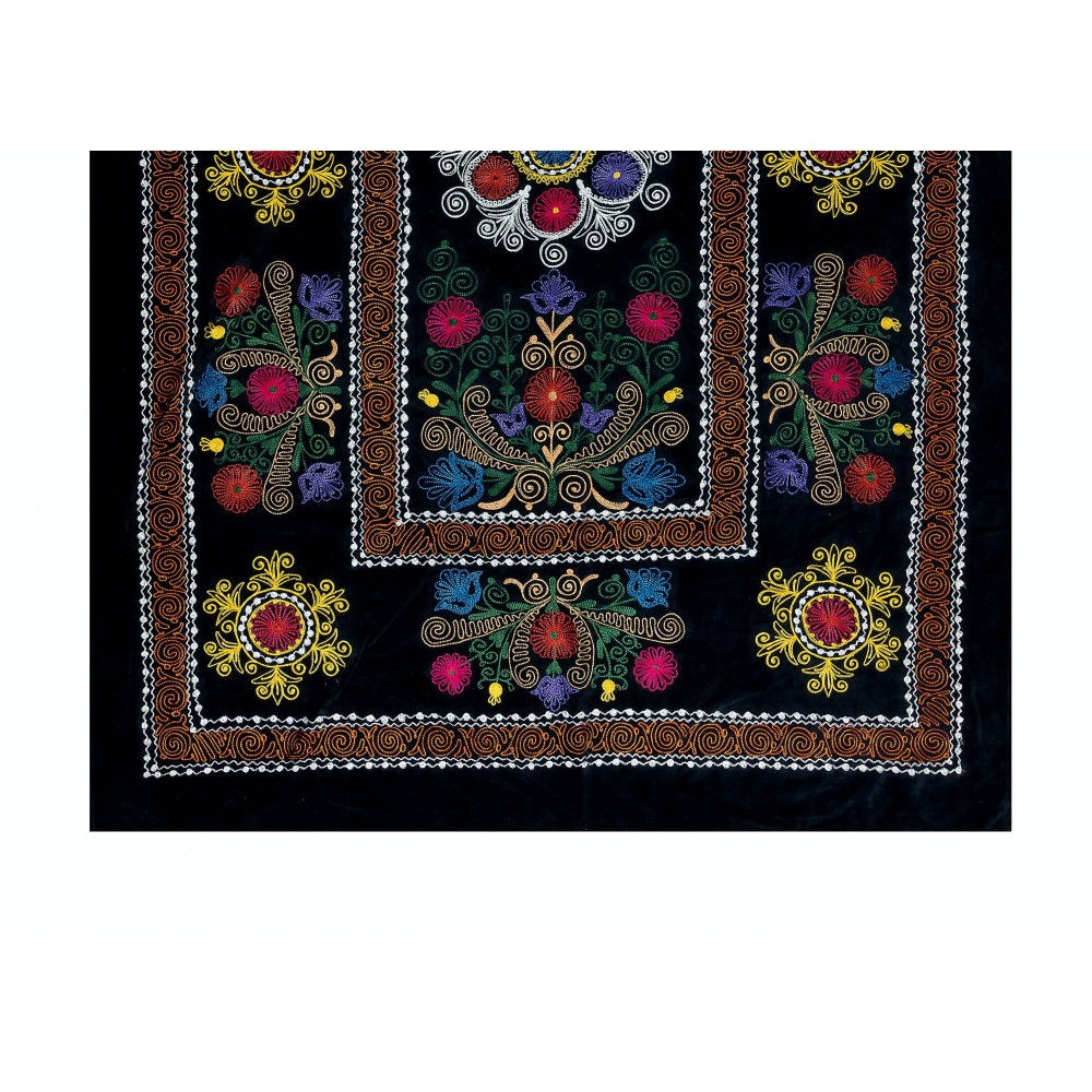 Vintage Uzbek Hand Embroidered Bed or Table Cover, Decorative Silk & Cotton Wall Hanging