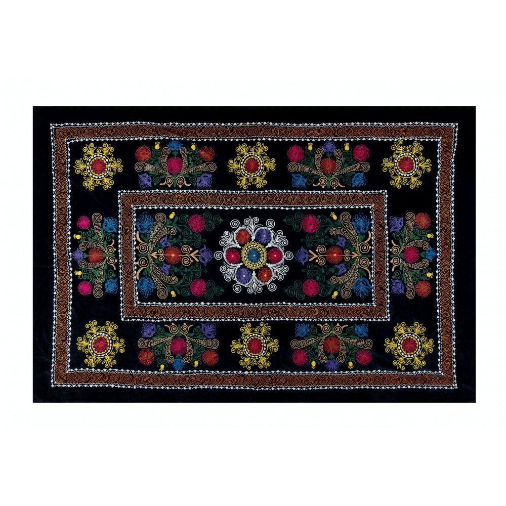 Vintage Uzbek Hand Embroidered Bed or Table Cover, Decorative Silk & Cotton Wall Hanging