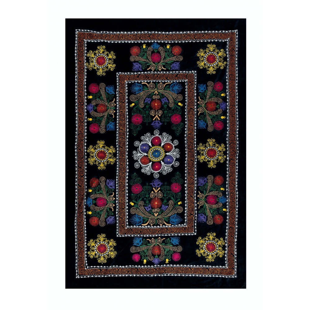 Vintage Uzbek Hand Embroidered Bed or Table Cover, Decorative Silk & Cotton Wall Hanging