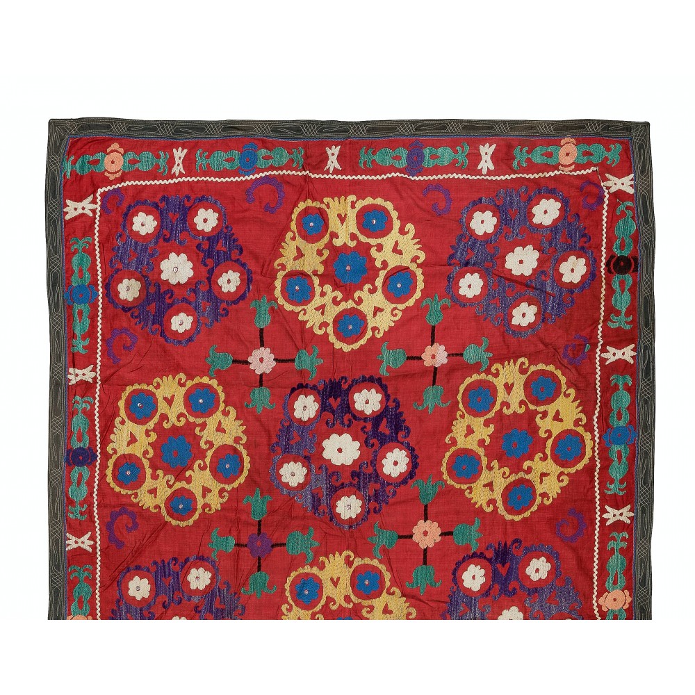 Vintage Silk Hand Embroidery Bed Cover, Authentic Suzani Wall Hanging From Central Asia