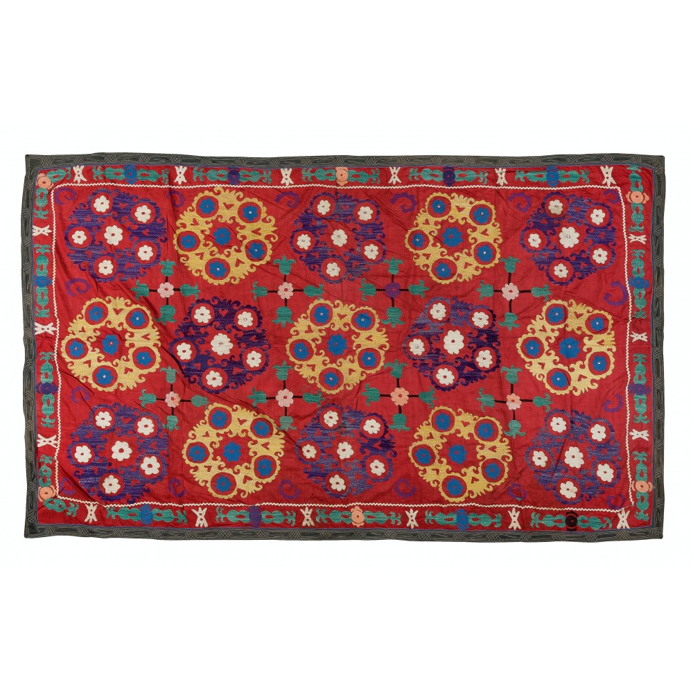 Vintage Silk Hand Embroidery Bed Cover, Authentic Suzani Wall Hanging From Central Asia