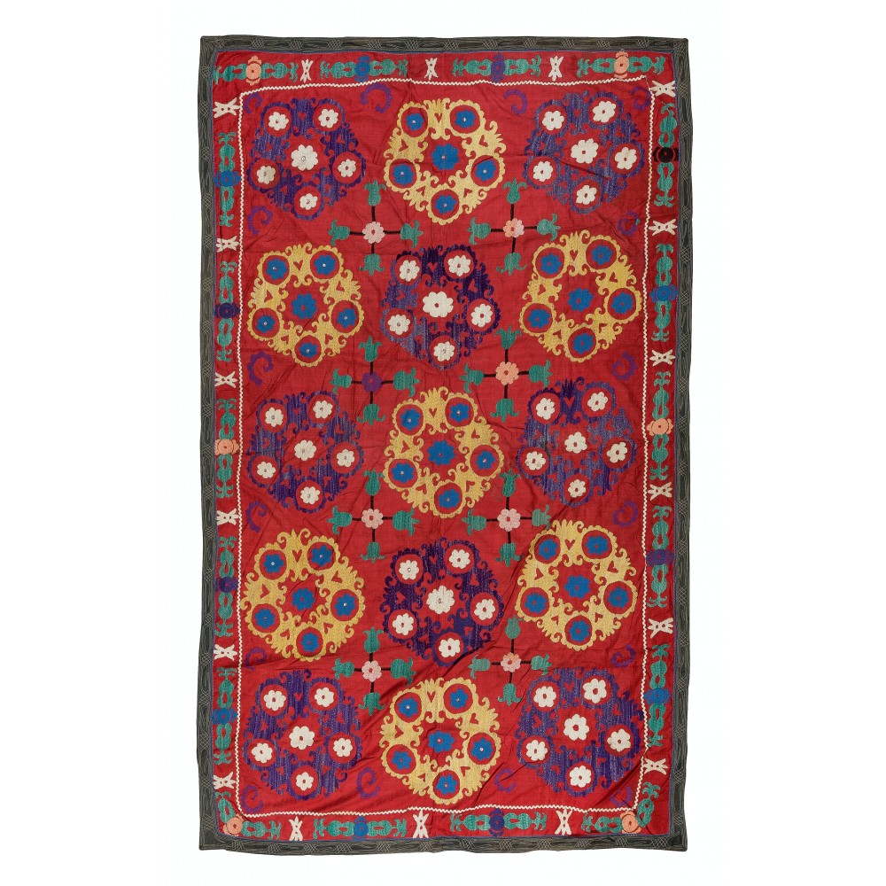 Vintage Silk Hand Embroidery Bed Cover, Authentic Suzani Wall Hanging From Central Asia