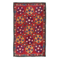 Vintage Silk Hand Embroidery Bed Cover. Authentic Suzani Wall Hanging From Central Asia