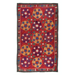 Vintage Silk Hand Embroidery Bed Cover. Authentic Suzani Wall Hanging From Central Asia