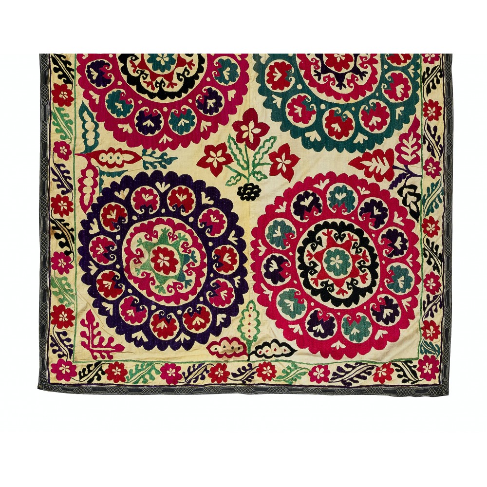 Vintage Silk Hand Embroidery Bed Cover, Central Asian Suzani Wall Hanging