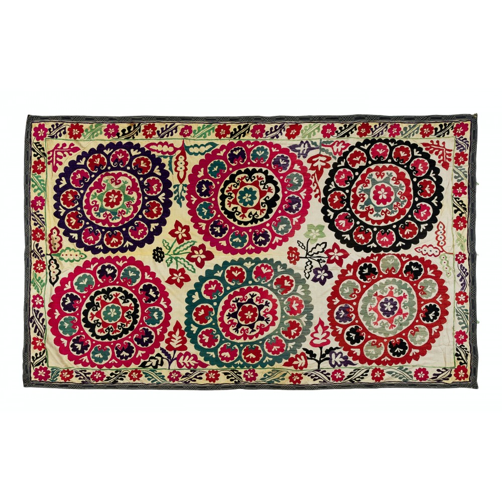 Vintage Silk Hand Embroidery Bed Cover, Central Asian Suzani Wall Hanging