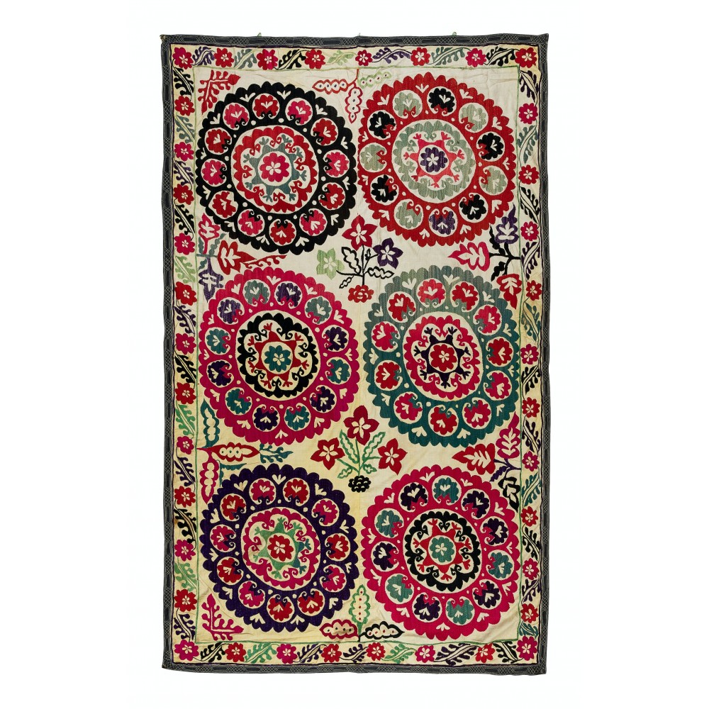 Vintage Silk Hand Embroidery Bed Cover, Central Asian Suzani Wall Hanging
