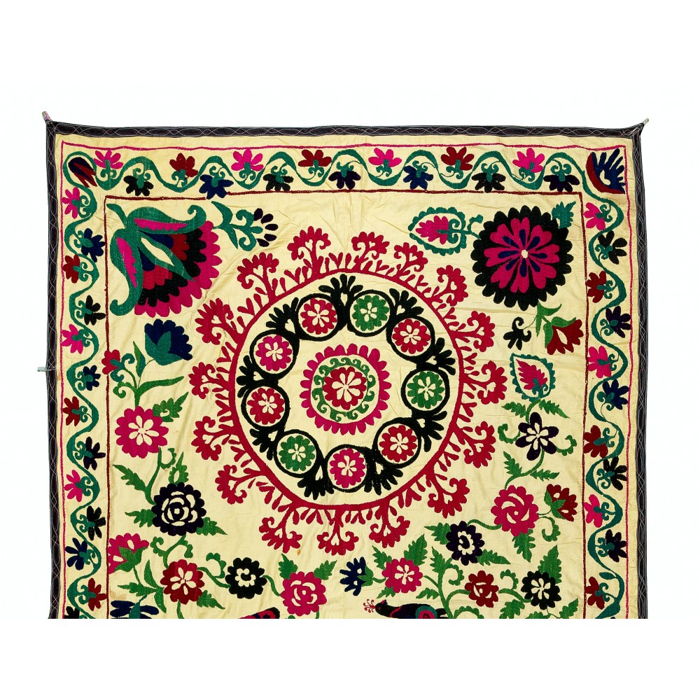 Vintage Silk Hand Embroidery Bed Cover, Central Asian Suzani Wall Hanging