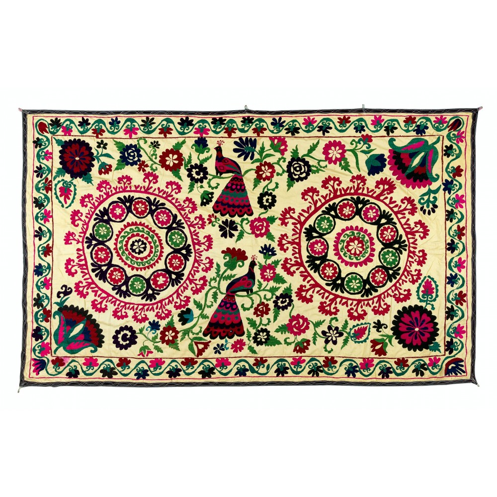 Vintage Silk Hand Embroidery Bed Cover, Central Asian Suzani Wall Hanging