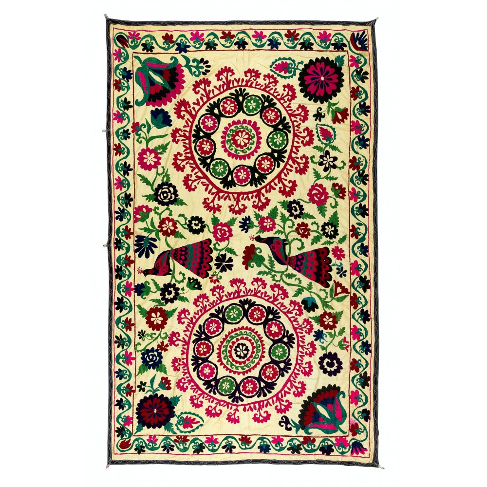 Vintage Silk Hand Embroidery Bed Cover, Central Asian Suzani Wall Hanging