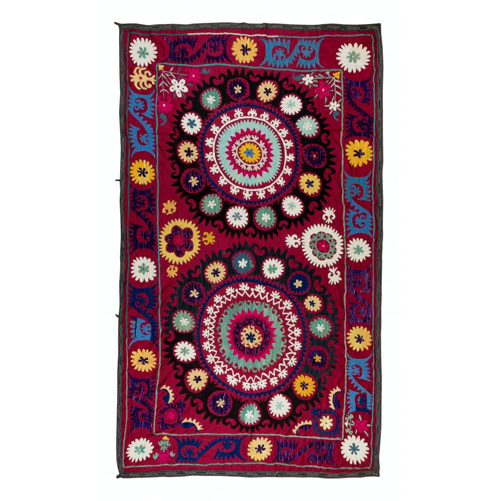 Vintage Silk Hand Embroidery Bed Cover, Central Asian Suzani Wall Hanging