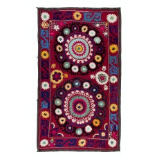 Vintage Silk Hand Embroidery Bed Cover. Traditional Suzani Textile Wall Hanging