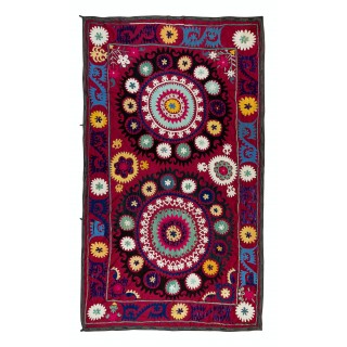 Vintage Silk Hand Embroidery Bed Cover. Traditional Suzani Textile Wall Hanging