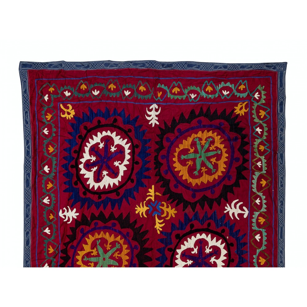 Vintage Silk Hand Embroidery Bed Cover, Uzbek Suzani Wall Hanging