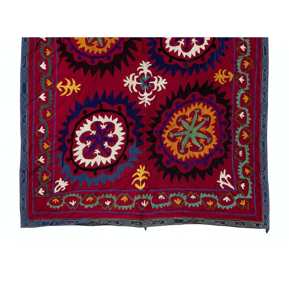 Vintage Silk Hand Embroidery Bed Cover, Uzbek Suzani Wall Hanging