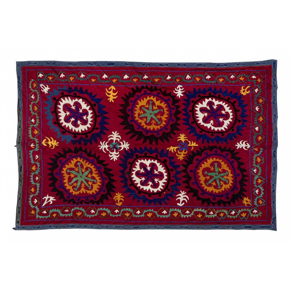 Vintage Silk Hand Embroidery Bed Cover, Uzbek Suzani Wall Hanging
