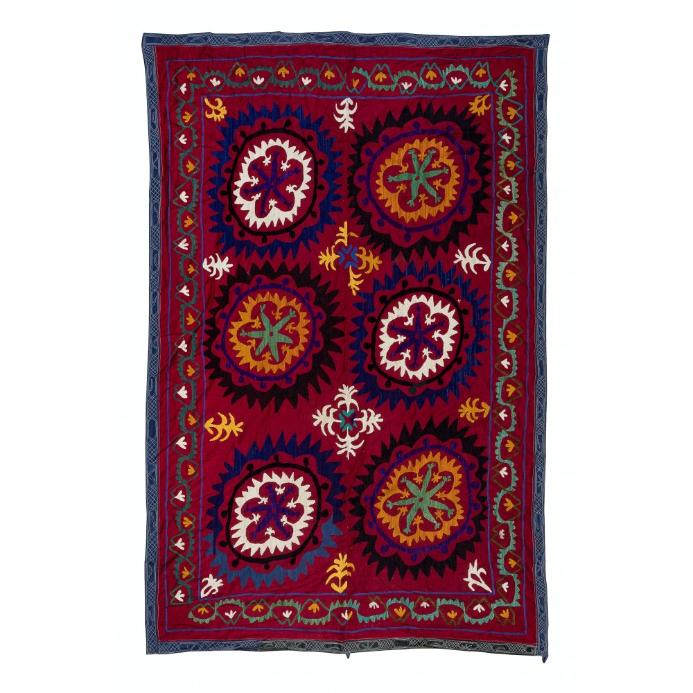 Vintage Silk Hand Embroidery Bed Cover, Uzbek Suzani Wall Hanging