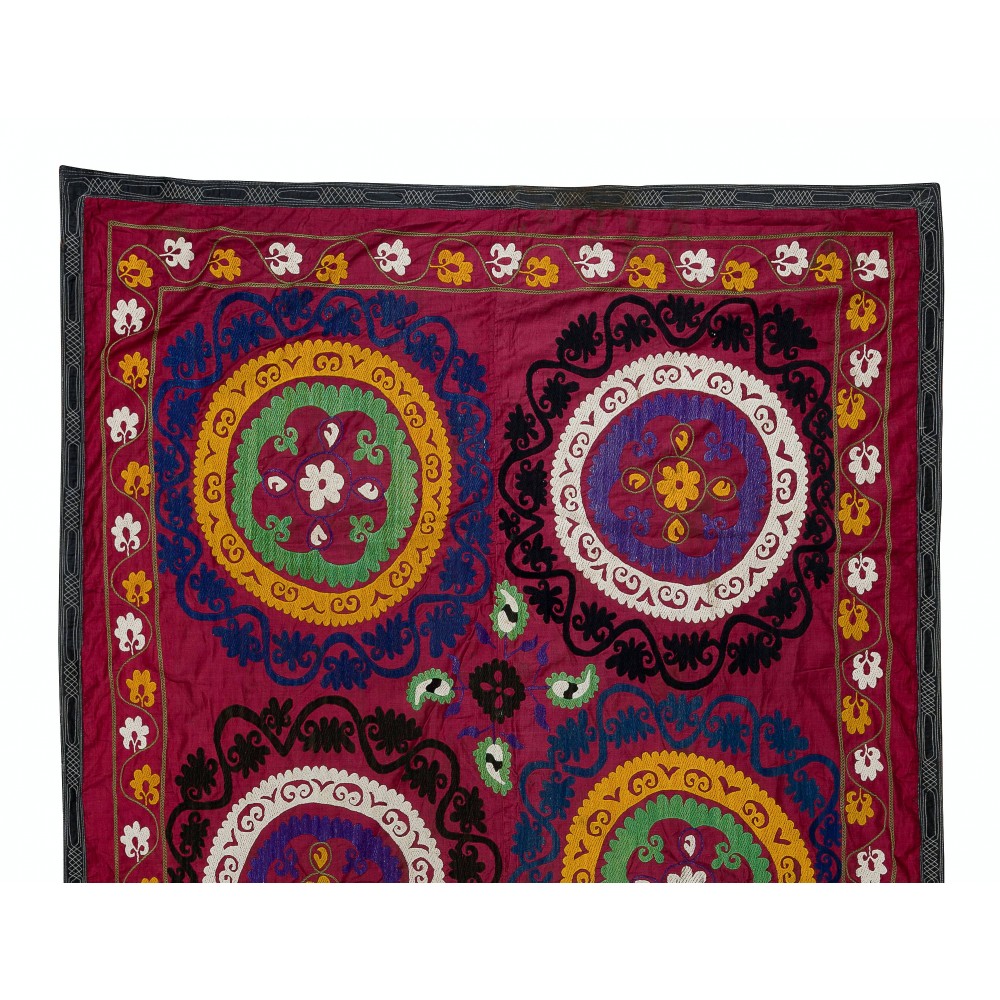 Vintage Silk Hand Embroidery Bed Cover, Central Asian Suzani Wall Hanging