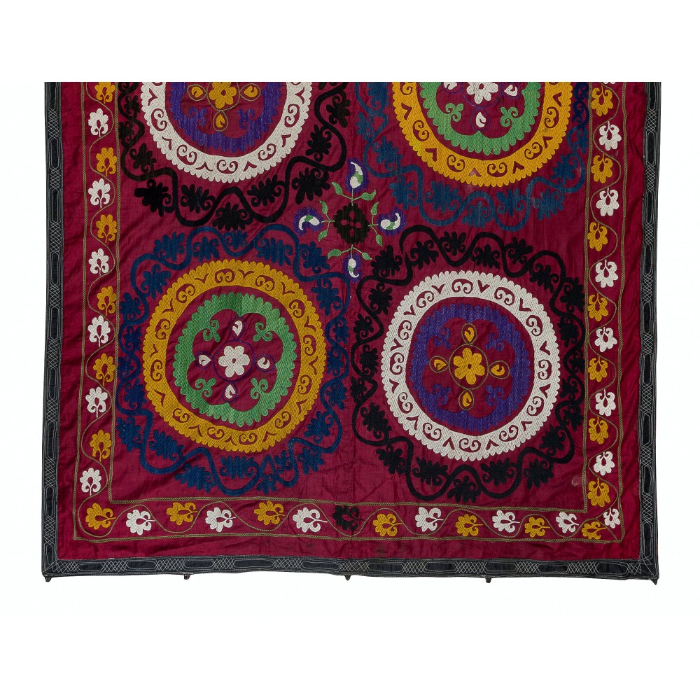 Vintage Silk Hand Embroidery Bed Cover, Central Asian Suzani Wall Hanging
