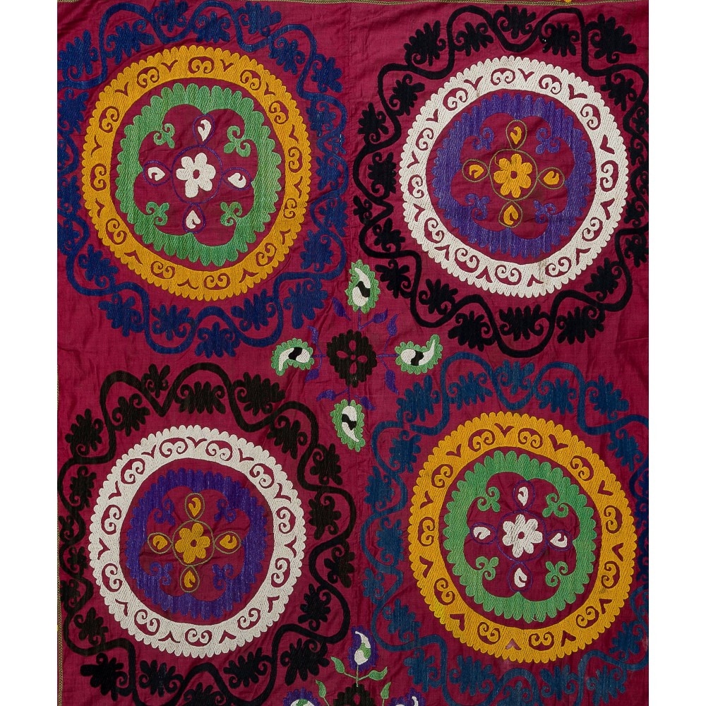 Vintage Silk Hand Embroidery Bed Cover, Central Asian Suzani Wall Hanging