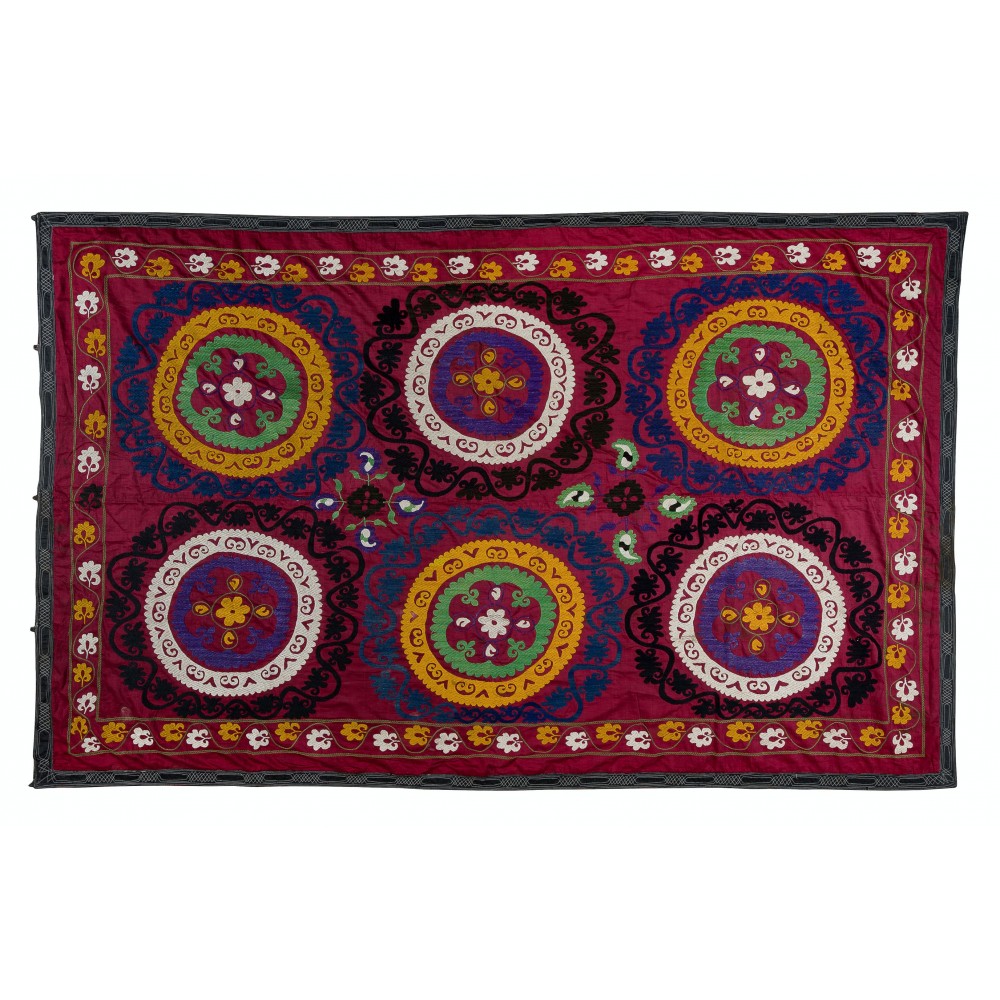 Vintage Silk Hand Embroidery Bed Cover, Central Asian Suzani Wall Hanging