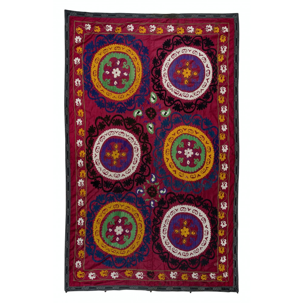 Vintage Silk Hand Embroidery Bed Cover, Central Asian Suzani Wall Hanging