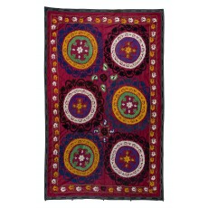 Vintage Silk Hand Embroidery Bed Cover. Traditional Suzani Textile Wall Hanging
