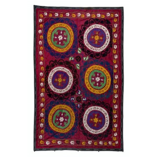 Vintage Silk Hand Embroidery Bed Cover. Traditional Suzani Textile Wall Hanging
