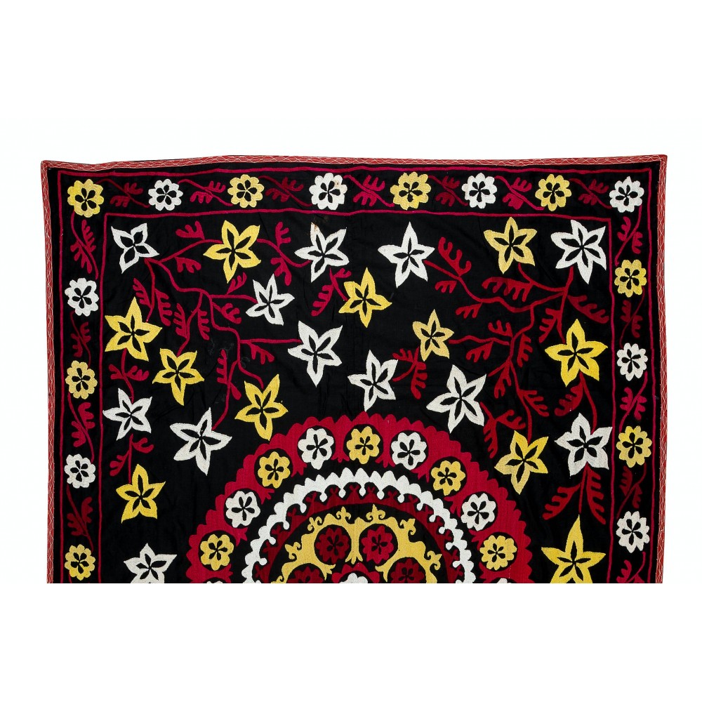Vintage Silk Hand Embroidery Bed Cover, Central Asian Suzani Wall Hanging