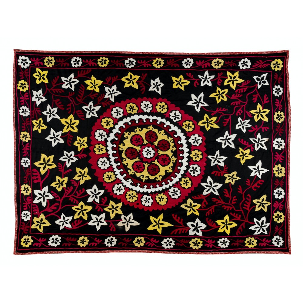 Vintage Silk Hand Embroidery Bed Cover, Central Asian Suzani Wall Hanging