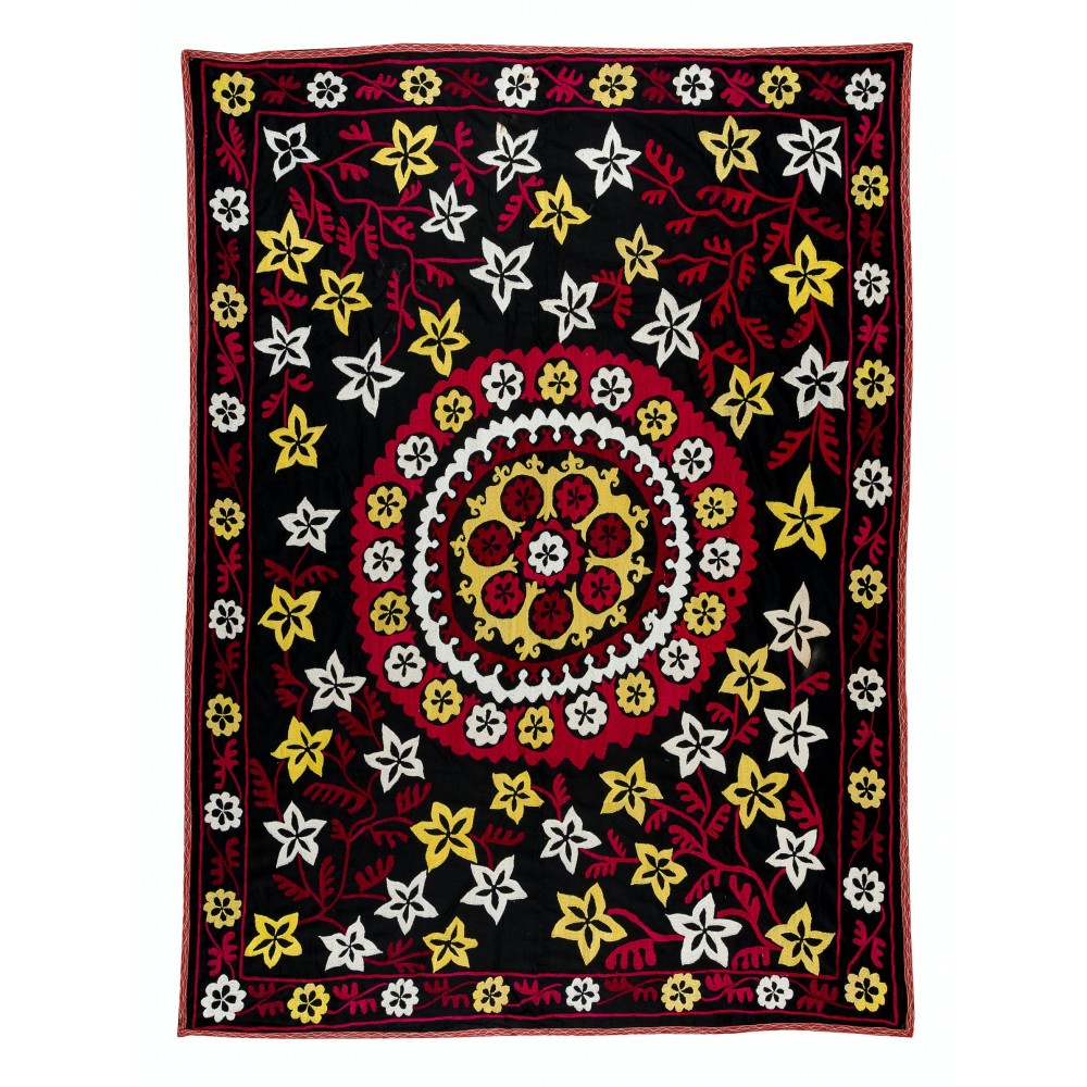 Vintage Silk Hand Embroidery Bed Cover, Central Asian Suzani Wall Hanging