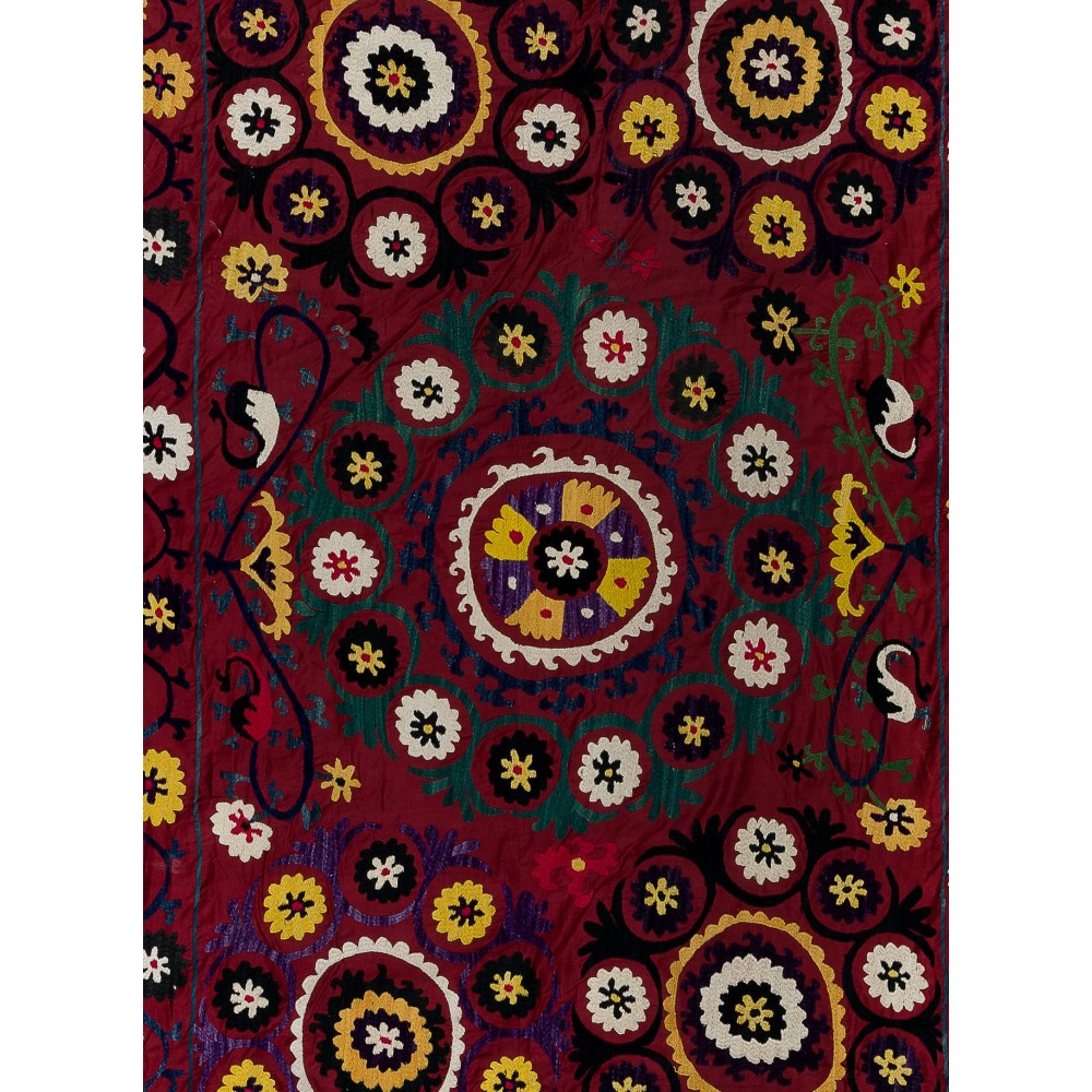 Vintage Silk Hand Embroidery Bed Cover, Central Asian Suzani Wall Hanging