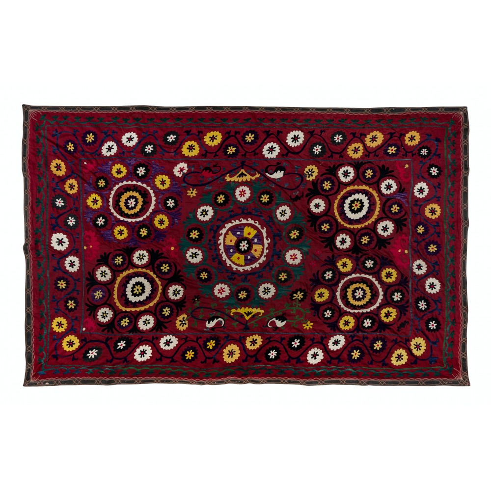 Vintage Silk Hand Embroidery Bed Cover, Central Asian Suzani Wall Hanging