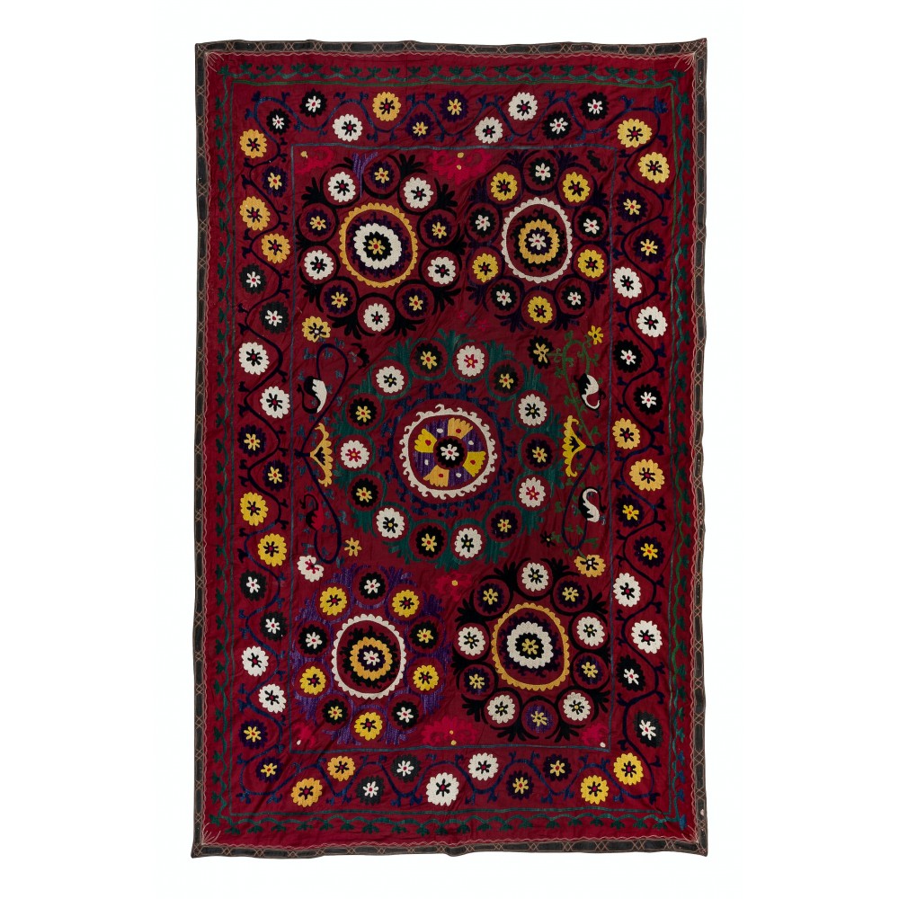 Vintage Silk Hand Embroidery Bed Cover, Central Asian Suzani Wall Hanging