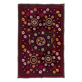 Vintage Silk Hand Embroidery Bed Cover. Traditional Suzani Textile Wall Hanging