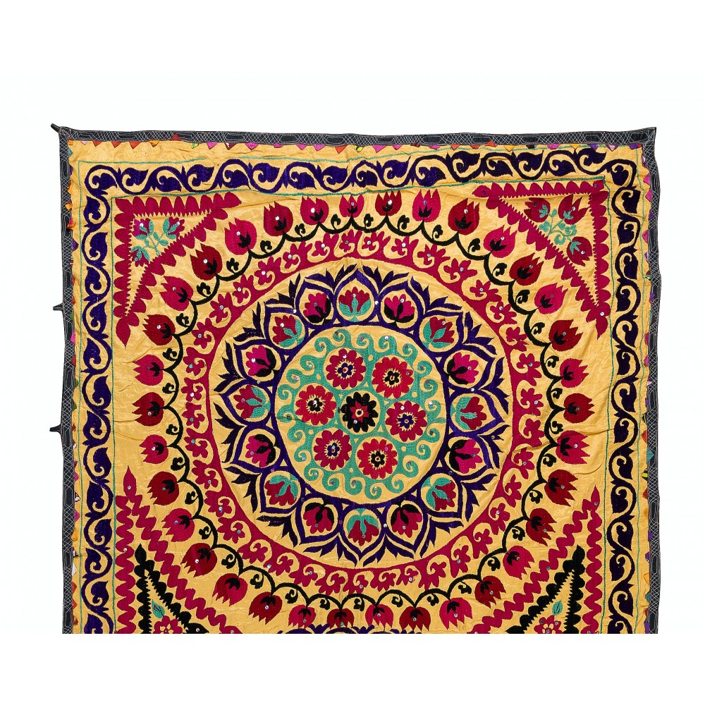 Vintage Silk Hand Embroidery Bed Cover, Central Asian Suzani Wall Hanging
