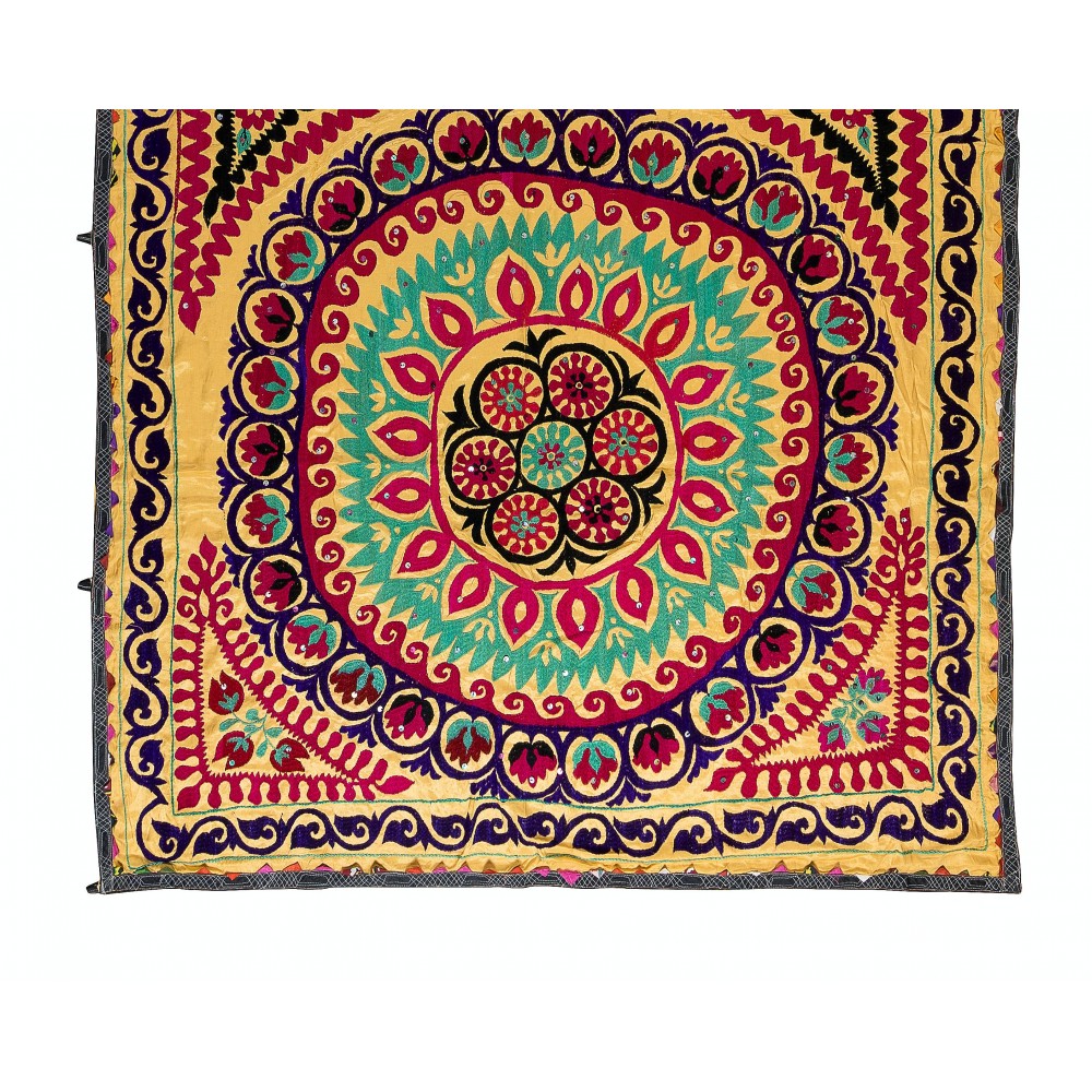 Vintage Silk Hand Embroidery Bed Cover, Central Asian Suzani Wall Hanging