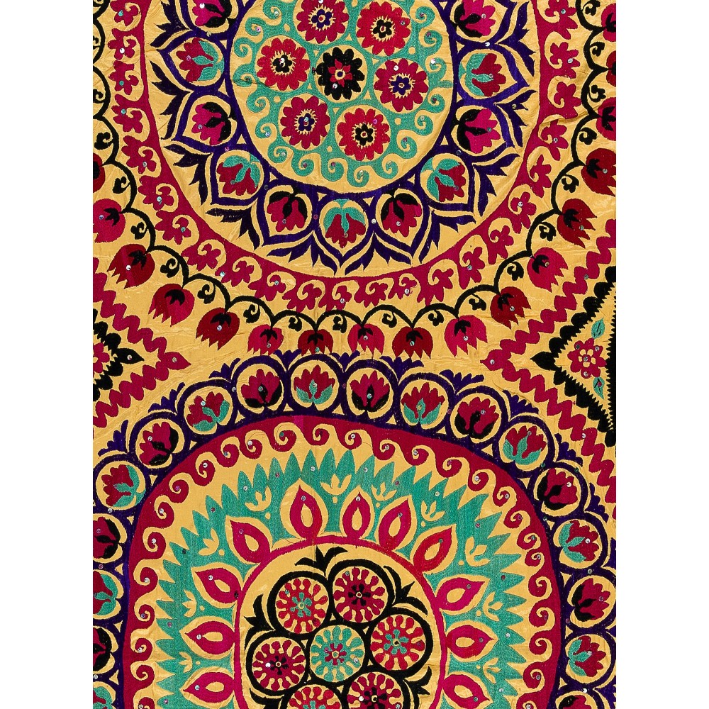 Vintage Silk Hand Embroidery Bed Cover, Central Asian Suzani Wall Hanging
