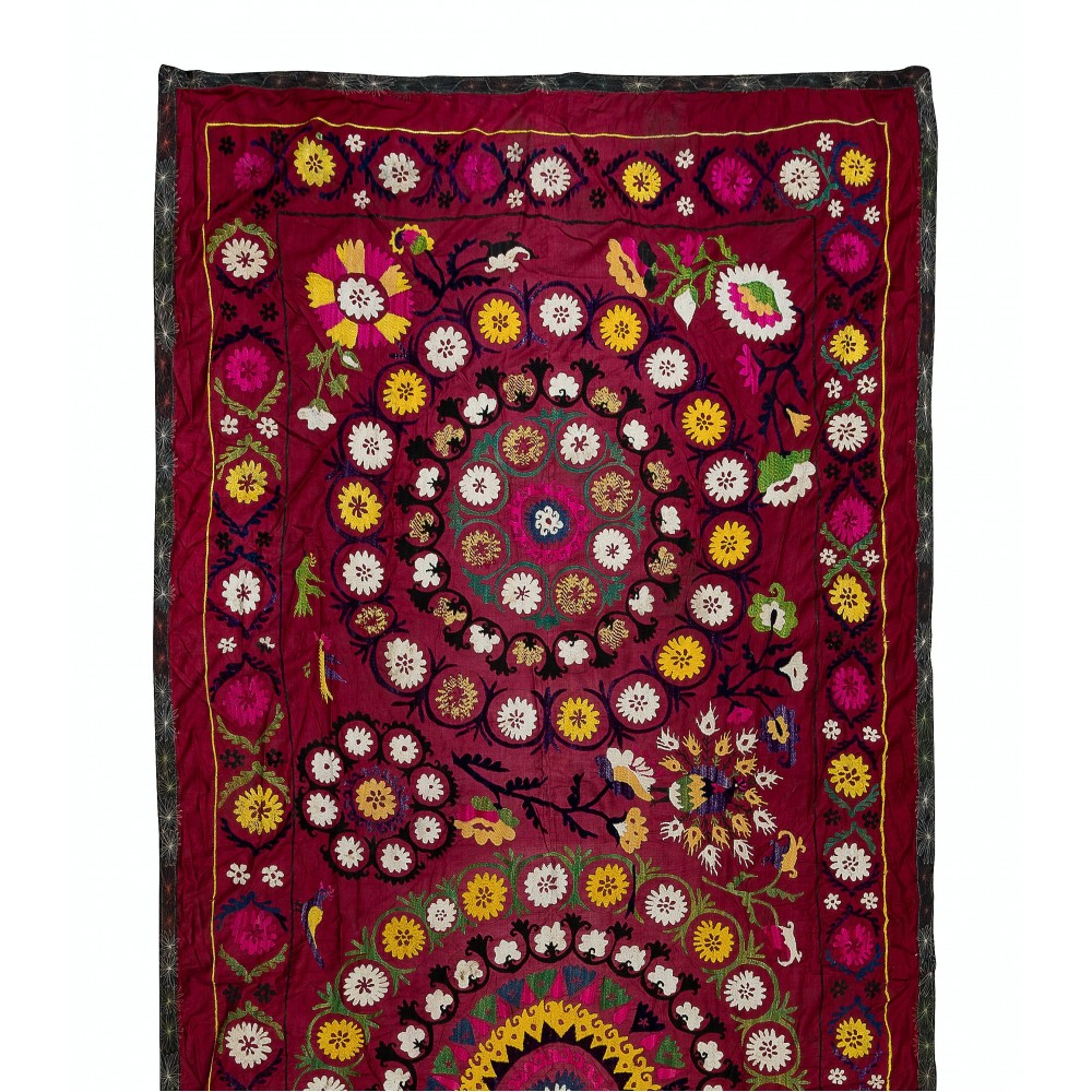 Silk Hand Embroidery Table Runner, Vintage Suzani Textile Wall Hanging, Burgundy Red Tapestry