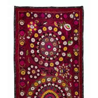 Silk Hand Embroidery Table Runner. Vintage Suzani Textile Wall Hanging. Burgundy Red Tapestry