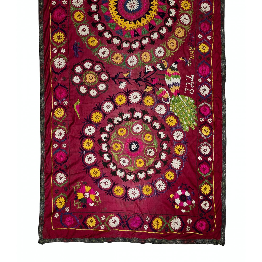Silk Hand Embroidery Table Runner, Vintage Suzani Textile Wall Hanging, Burgundy Red Tapestry